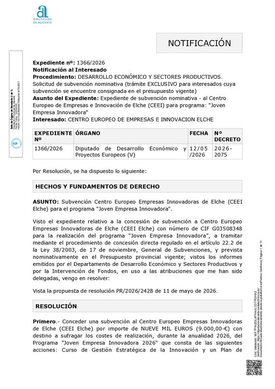 Subvención nominativa CEEI Elche-Diputación Alicante 2026
